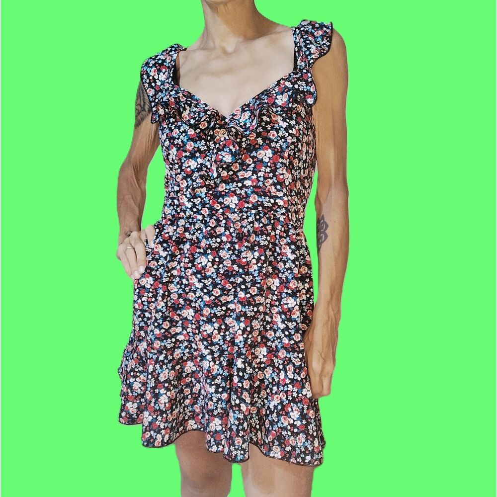 SHEIN ~ Black Floral Ruffle Open Back ~ Tie Mini Dress ~ 1XL ~ Boho Flowy